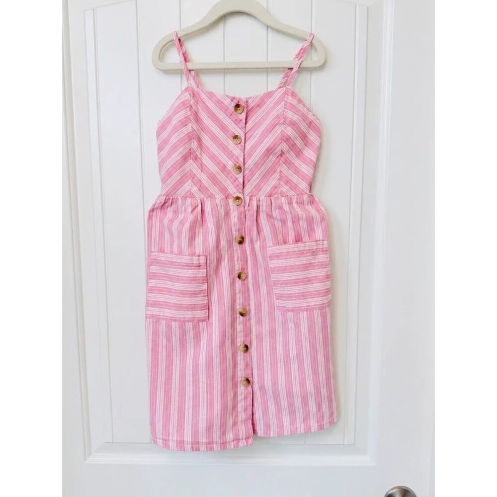 Japna Girl Pink Striped Button Front Sundress Size 8 Cotton Linen Smocked Back